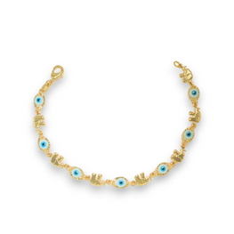 Blue Evil Eye, Elephant Gold Plated Protection Bracelet, 7.5 inch - For Her