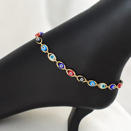 Evil Eye Ladies Gold Plated Anklet with Extension Colorful Anklet - Size 10''