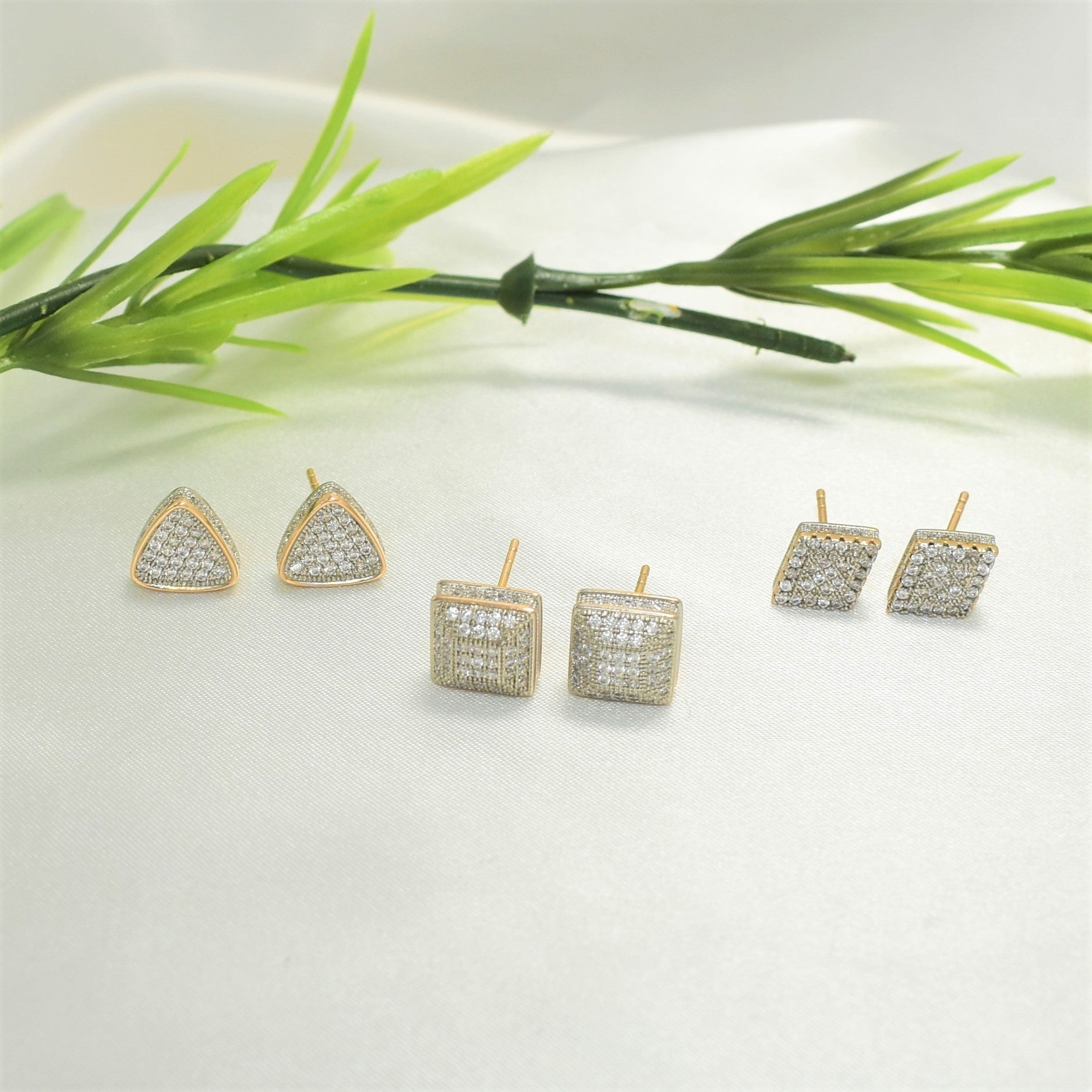 Multishaped CZ Earrings Gold Plated Stud Earrings Unisex Studs Special Gift