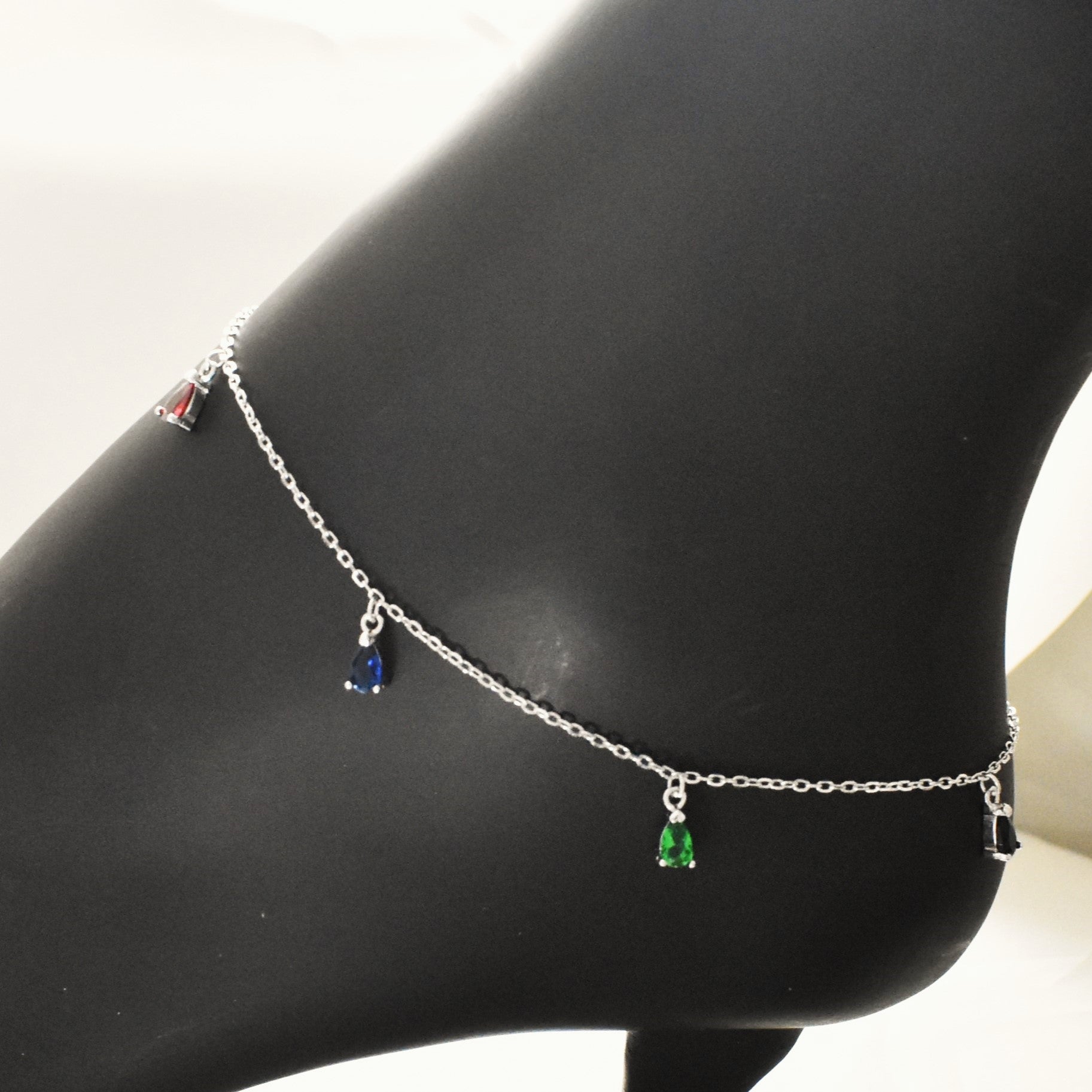 Tear Drop Silver Anklet, 925 Plata Tobillera, Multicolor CZ Drop Anklet,Gift-10"