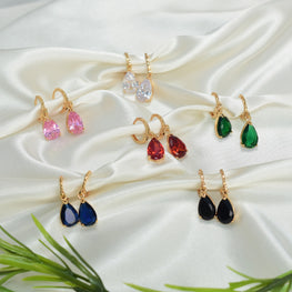 Multi Color Birthstone Dangle Drop Huggies - Gold Plated Sparkling Earrings Perfect Anniversary Gift