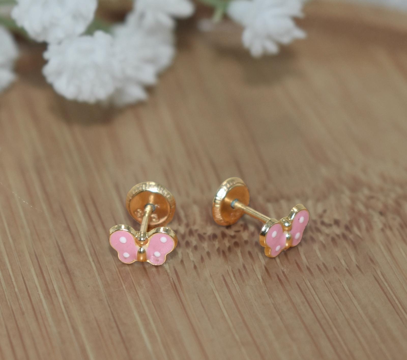 14K Solid Yellow Gold Butterfly Enamel Earrings, Mariposa Baby Screw Back Studs, Gift For Babies