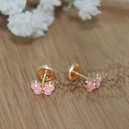 14K Solid Yellow Gold Butterfly Enamel Earrings, Mariposa Baby Screw Back Studs, Gift For Babies