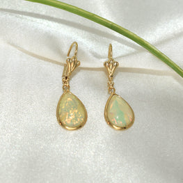 White Fire Opal Drop Earrings 14K Gold Plated Pearl Drop Hoops Gift For Her