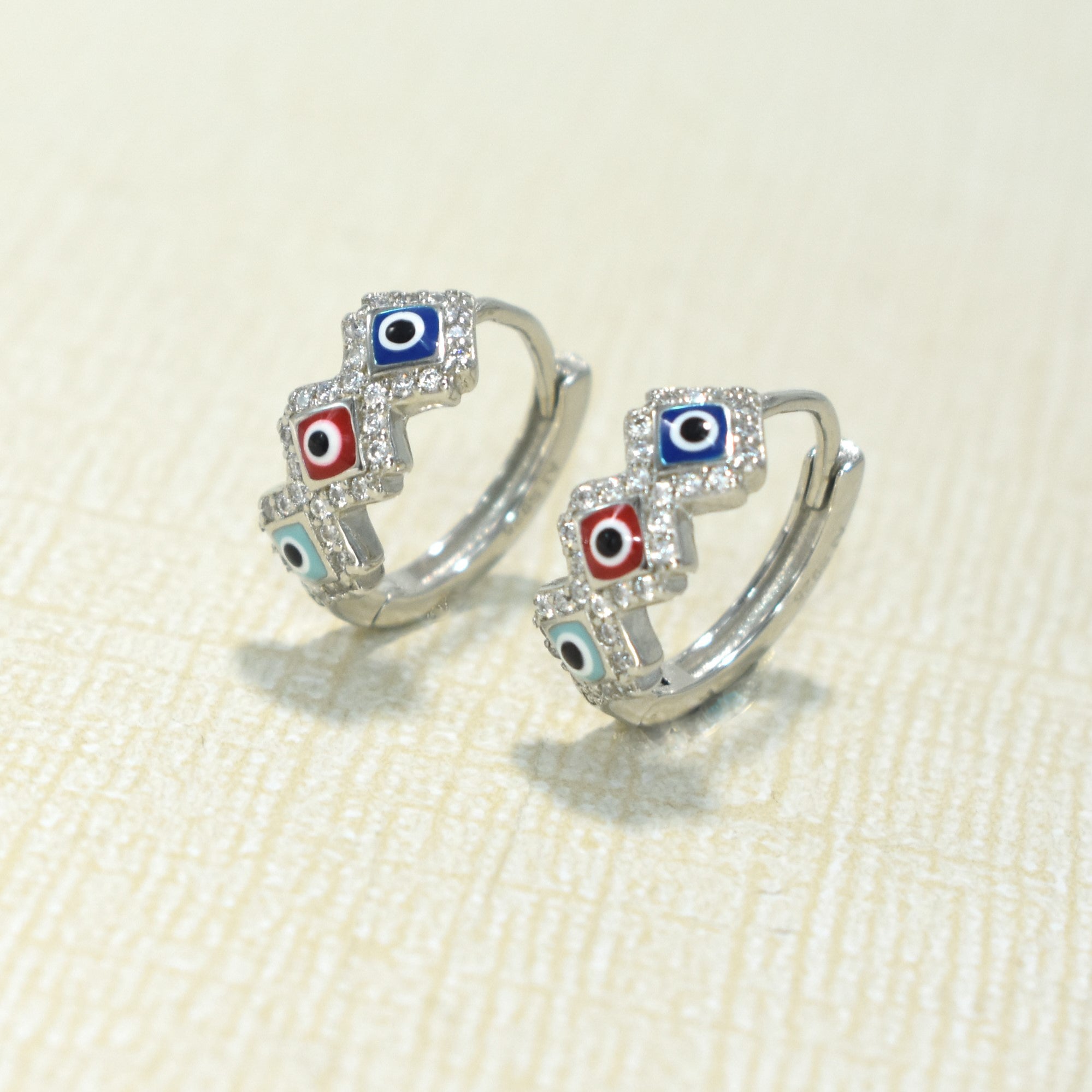 Evil Eye Huggies,925 Silver Earrings, Multi Color Evil Eye CZ Hoop Earrings, Gift for her