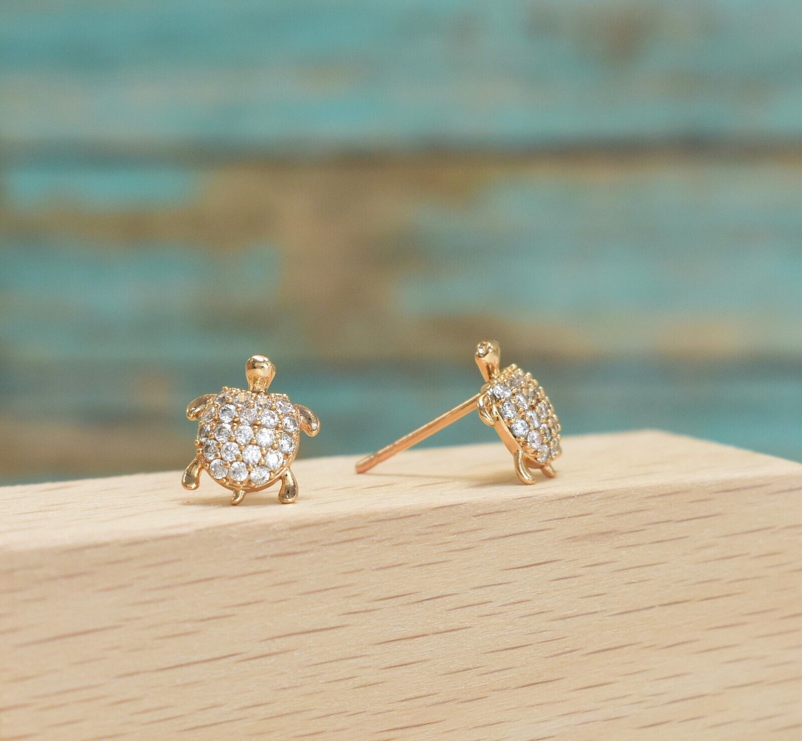 Turtle CZ Earring, Gold Plated earrings, Turtle CZ Charm, Turtle Stud - Women