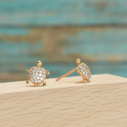 Turtle CZ Earring, Gold Plated earrings, Turtle CZ Charm, Turtle Stud - Women