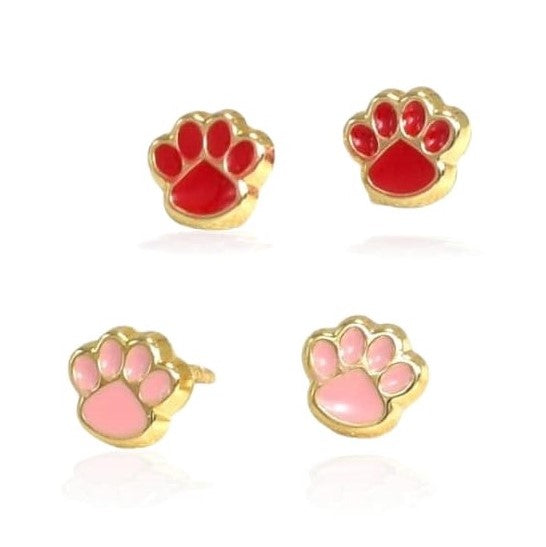 14K Solid Yellow Gold Puppy Paw Earrings, Red & Pink Screw Back Studs, Gift