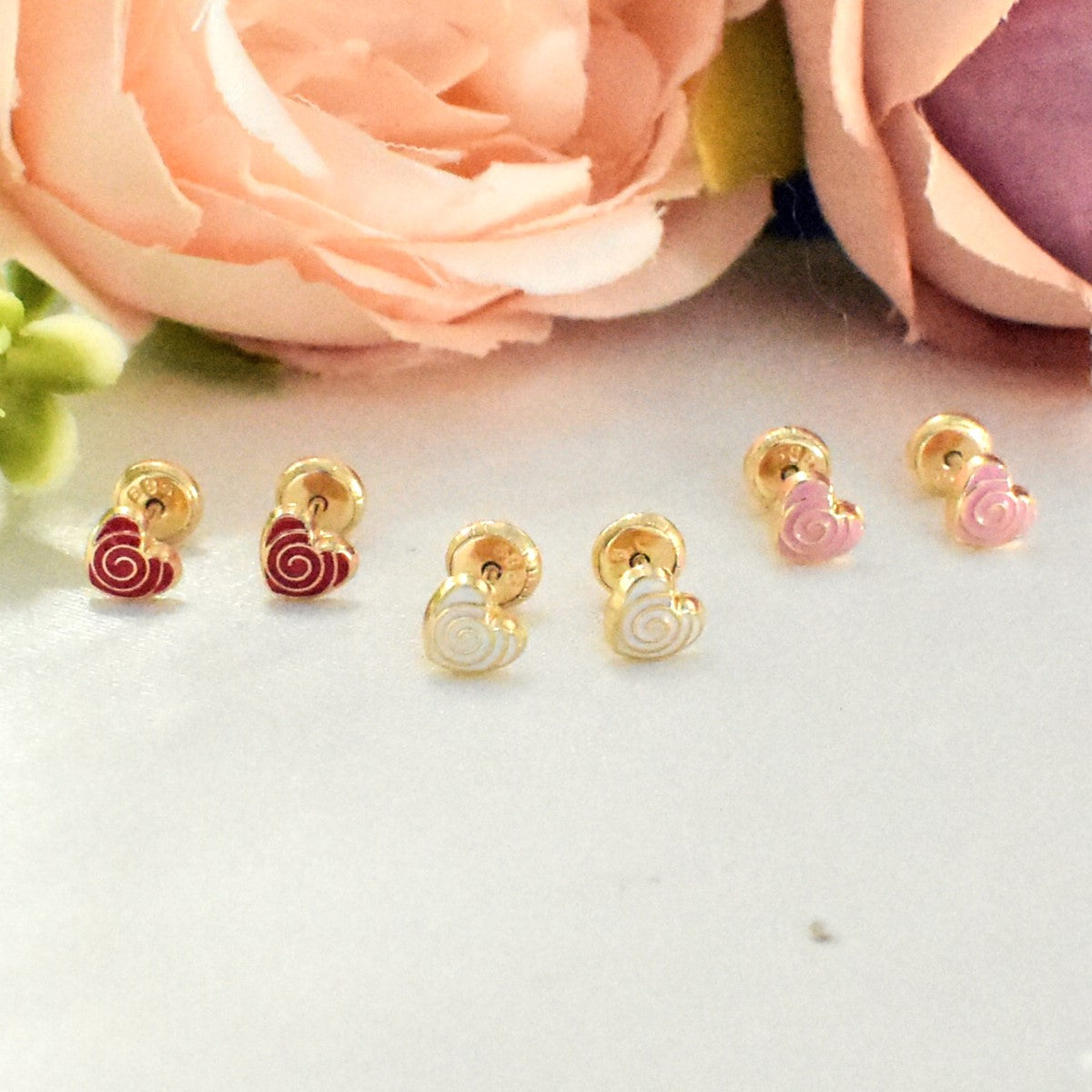 14K Solid Yellow Gold Heart Earrings, CZ Enamel Screw Back Stud Earrings, Gift For Babies