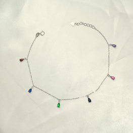 Tear Drop Silver Anklet, 925 Plata Tobillera, Multicolor CZ Drop Anklet,Gift-10"