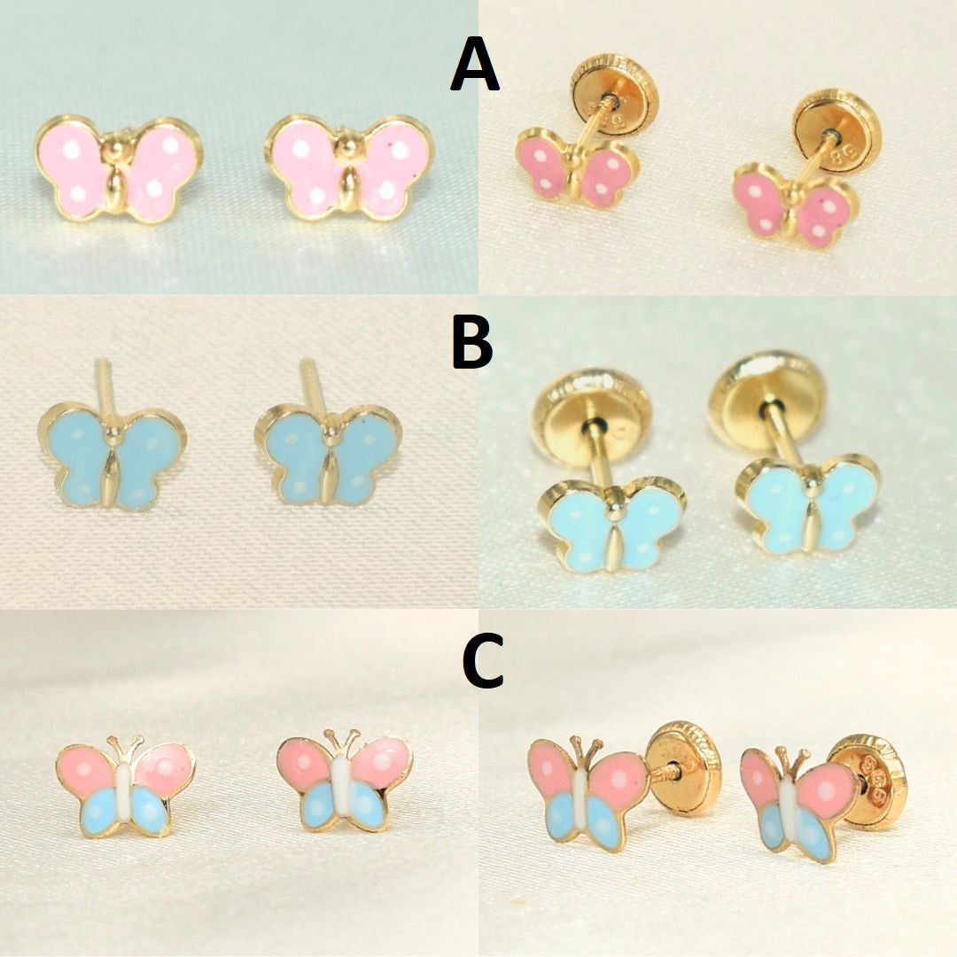 14K Solid Yellow Gold Butterfly Enamel Earrings, Mariposa Baby Screw Back Studs, Gift for Babies