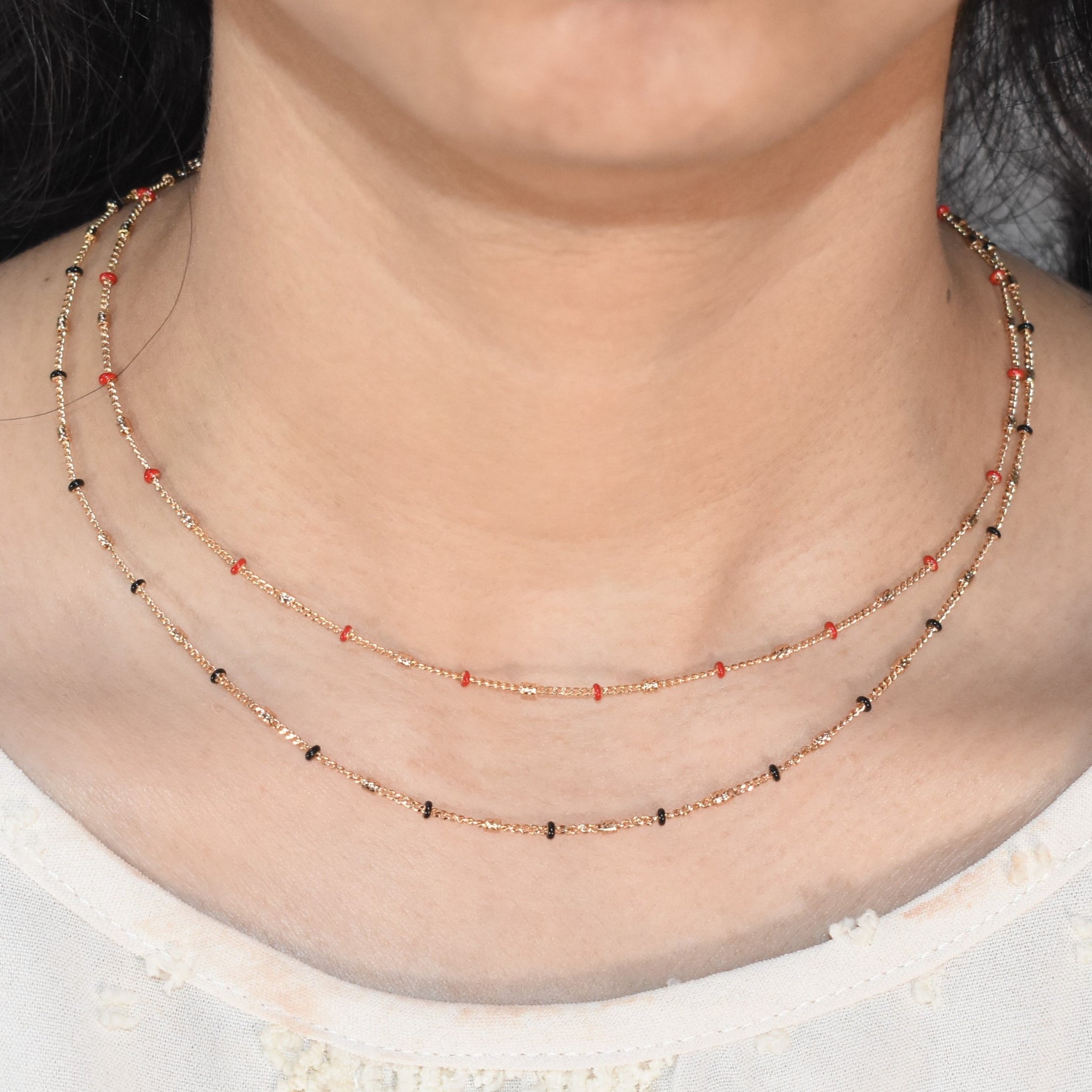 Thin Beaded Chains - Gold Plated Dainty Layering Necklaces in Red Black Beads