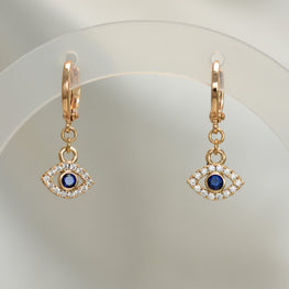 Blue Evil Eye Earring - Gold Plated Dangle Drop Hoop Huggies Protection Earrings