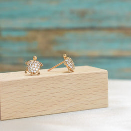 Turtle CZ Earring, Gold Plated earrings, Turtle CZ Charm, Turtle Stud - Women