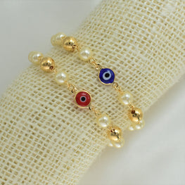 Evil Eye Pearl Protection Bracelet - Gold Plated Proteccion Pulsera 7.5'' - Gift for her