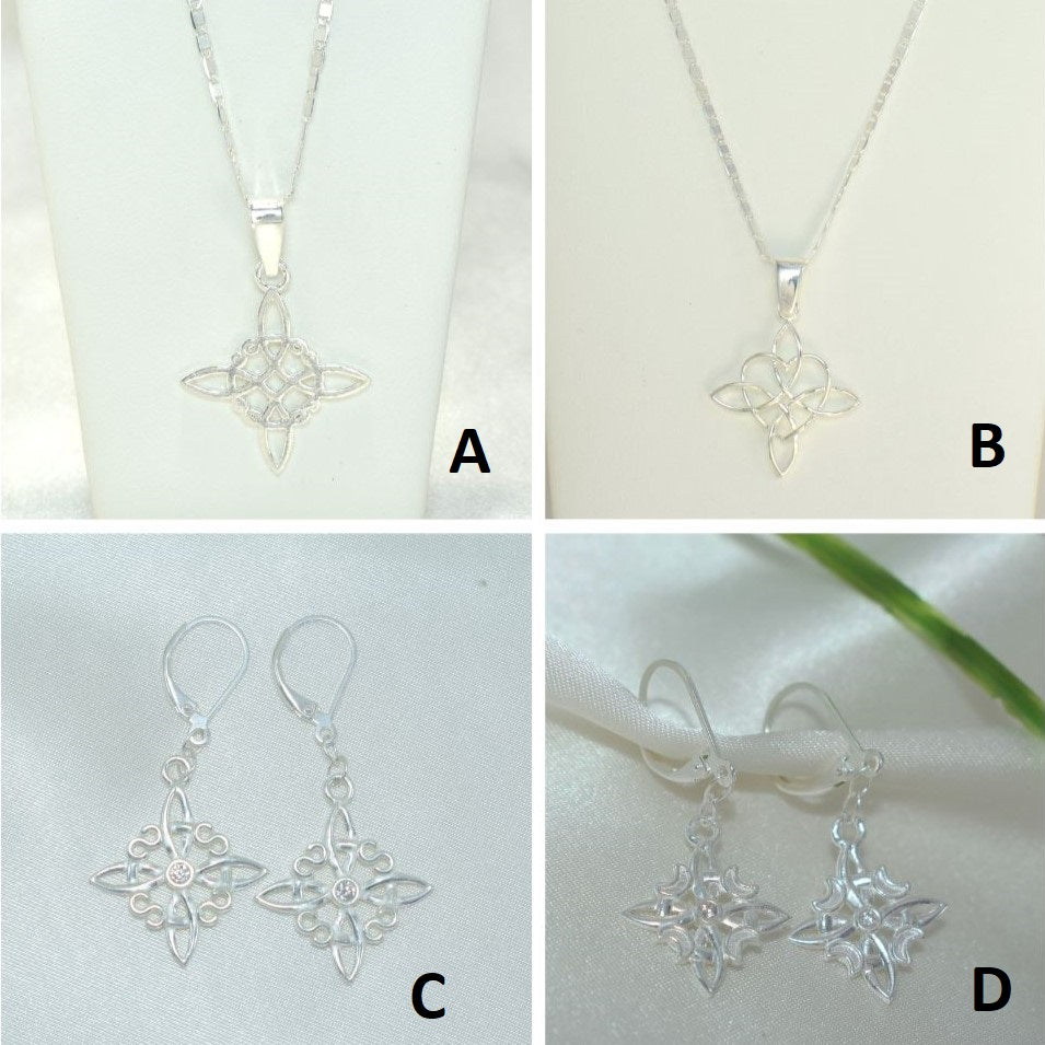 Witch Knot Celtic Pendant, 925 Sterling Silver Dangly Earrings Nudo de Bruja Aretes Jewelry Set