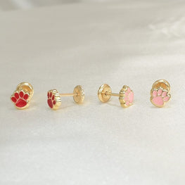 14K Solid Yellow Gold Puppy Paw Earrings, Red & Pink Screw Back Studs, Gift