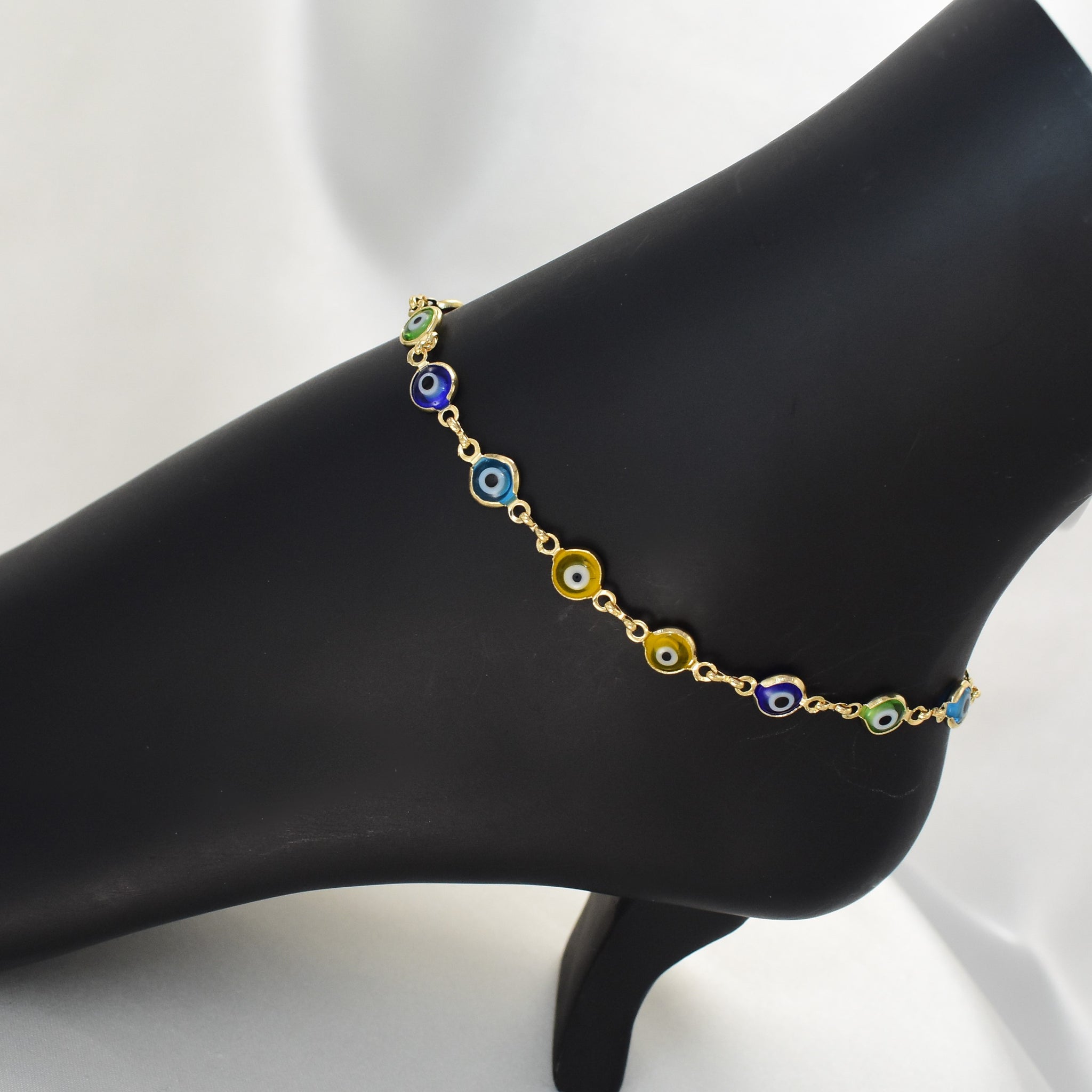 Colorful Evil Eye Anklet - Gold Plated Proteccion Tobillera for Women 11''