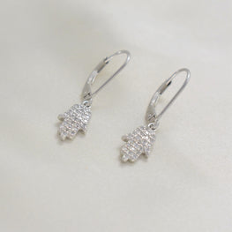 Hamsa Hand Lever Back Drop Earrings in Sterling Silver - Gift for Good Luck