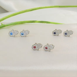 Hamsa Hand Studs Red Blue Eye Sterling Silver Earrings Dainty Protection Studs