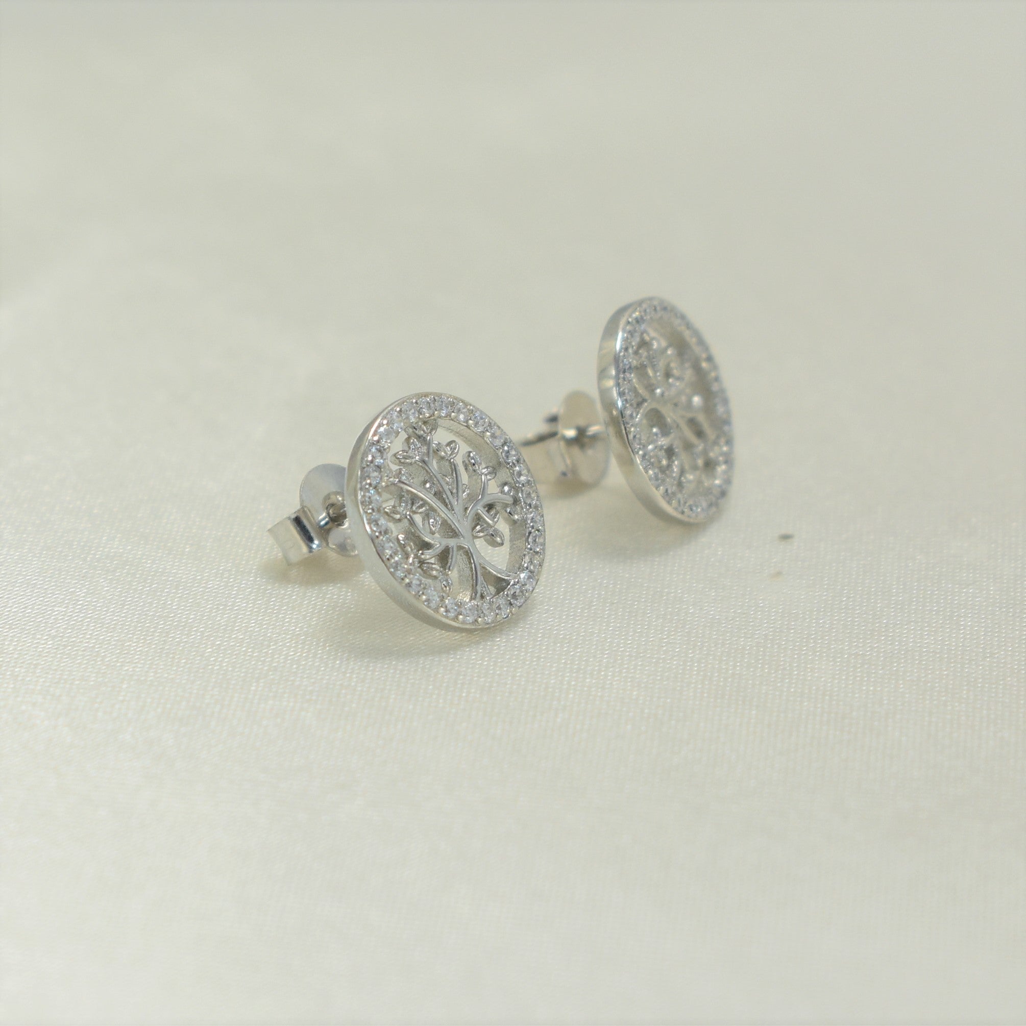 Round 925 Sterling Silver Studs, Dainty CZ Tree Earrings, Gift for Her