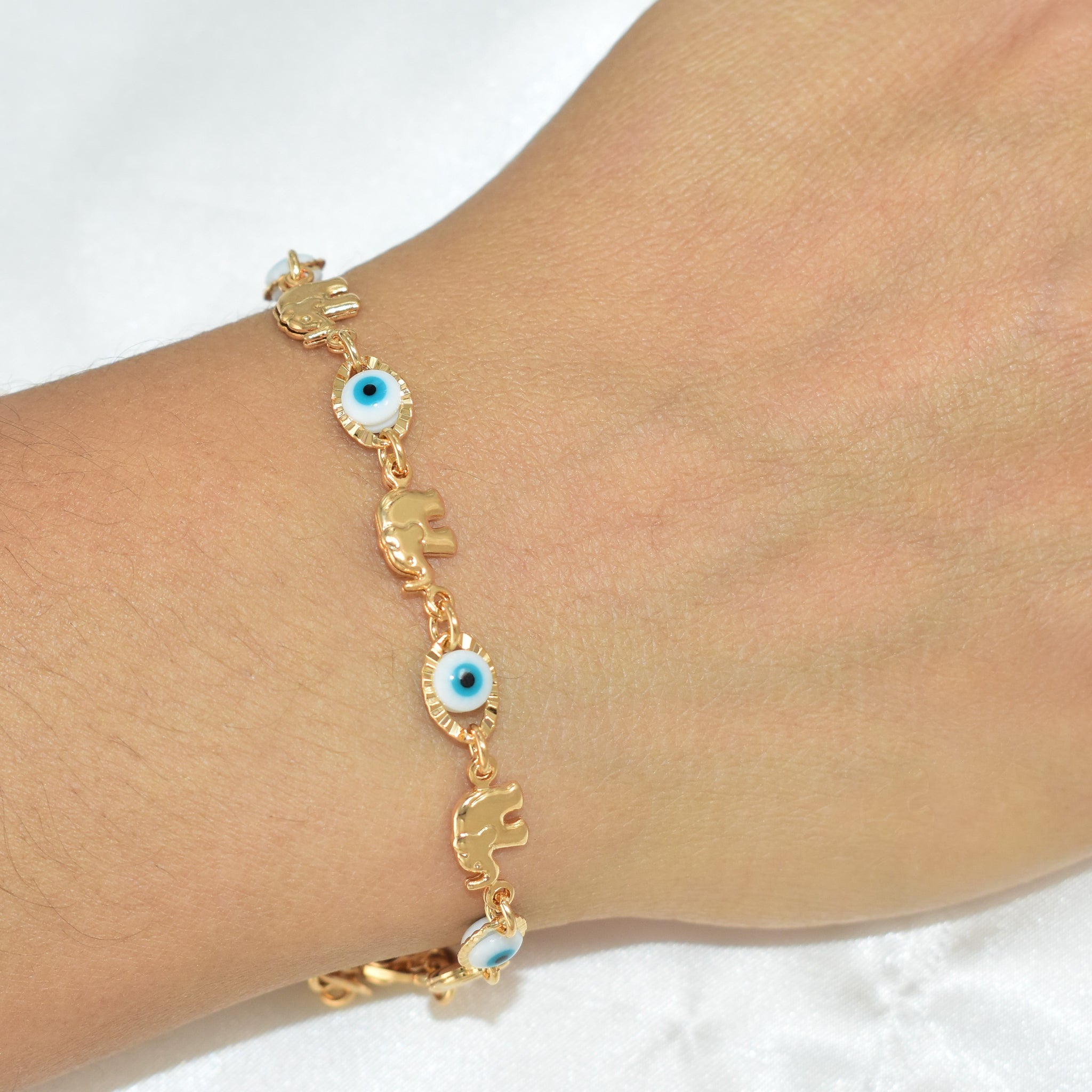 Blue Evil Eye, Elephant Gold Plated Protection Bracelet, 7.5 inch - For Her