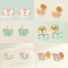 14K Solid Yellow Gold Butterfly Enamel Earrings, Mariposa Baby Screw Back Studs, Gift for Babies