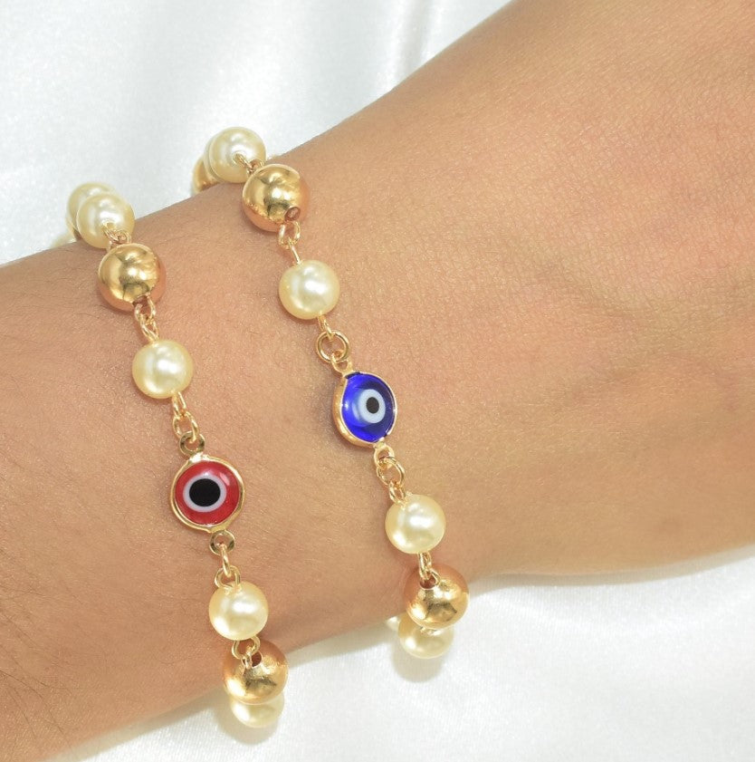 Evil Eye Pearl Protection Bracelet - Gold Plated Proteccion Pulsera 7.5'' - Gift for her