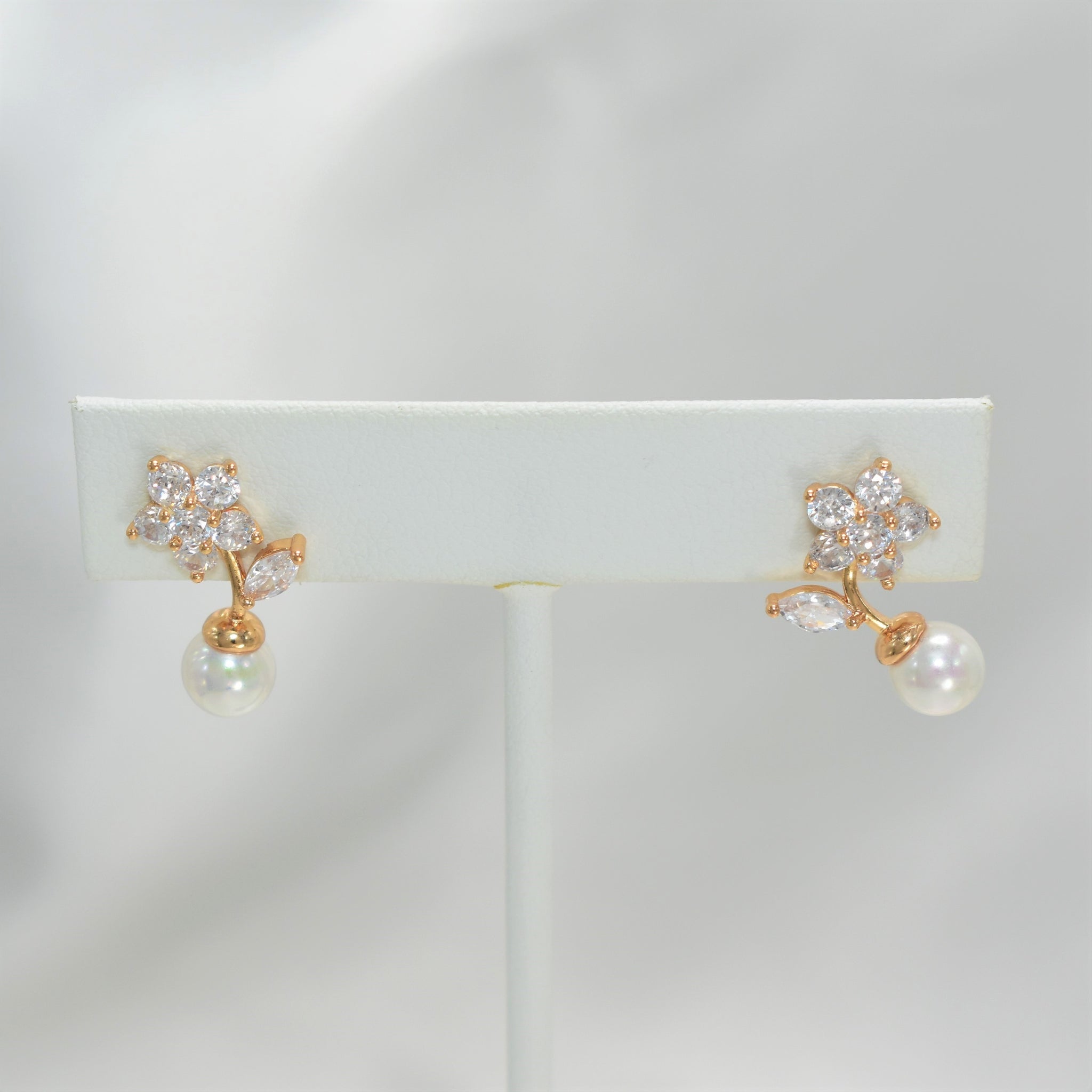 CZ Flower Pearl Drop Earring Gold Plated Studs Wedding Earrings Statement Studs