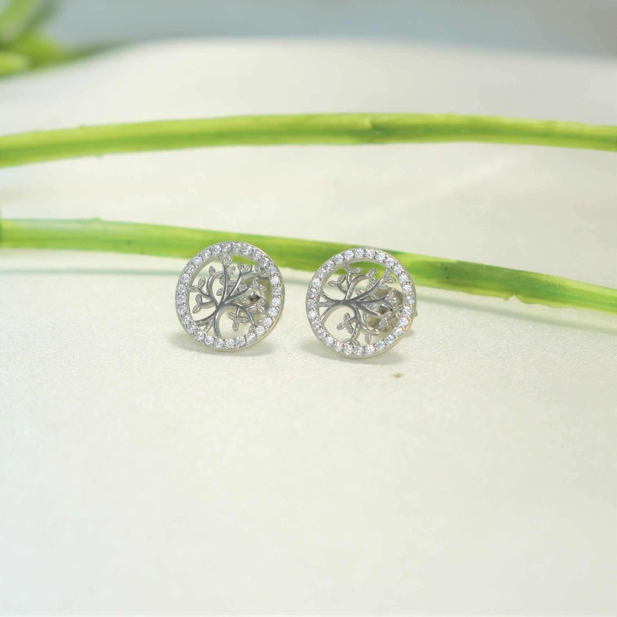 Round 925 Sterling Silver Studs, Dainty CZ Tree Earrings, Gift for Her