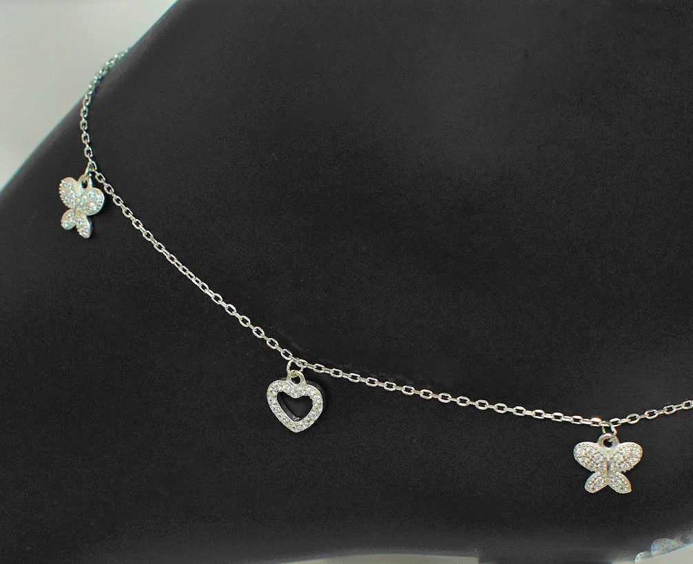 Heart Cubic Zirconia 925 Sterling Silver Anklet