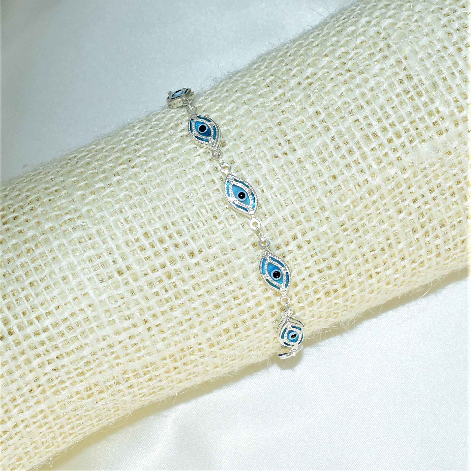 Evil Eye Sterling Silver Bracelet, Blue Protection Charm Jewelry, Gift for her