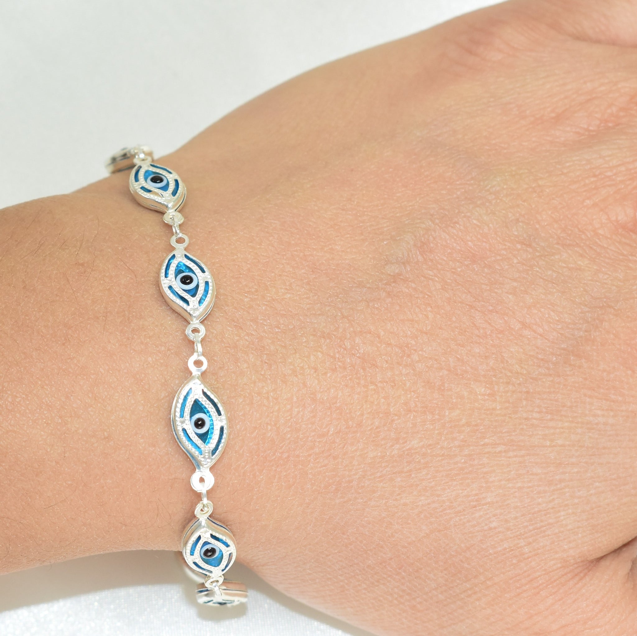 Evil Eye Sterling Silver Bracelet, Blue Protection Charm Jewelry, Gift for her