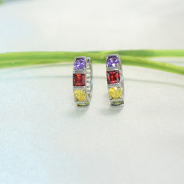 Silver Plated Huggies Hoops - Multi Color CZ Studded Earrings for Everyday Wear - Perfect gift for Wife, Daughter, Teenage Girls