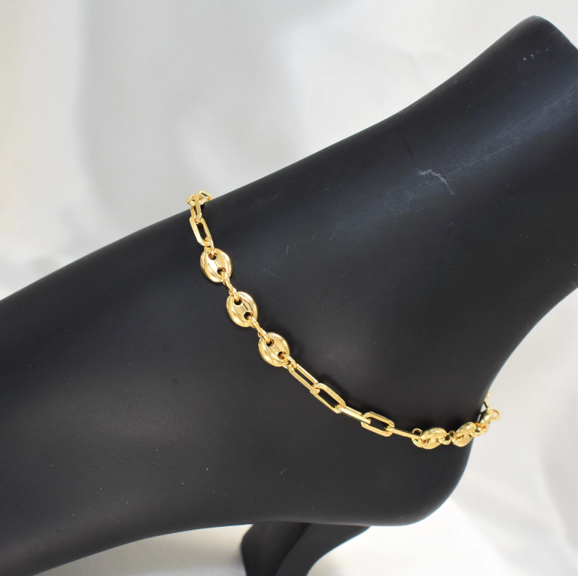 Puffed Mariner Anklet - Gold Plated Tobillera Paper Clip Chain Anklet - Size 10"