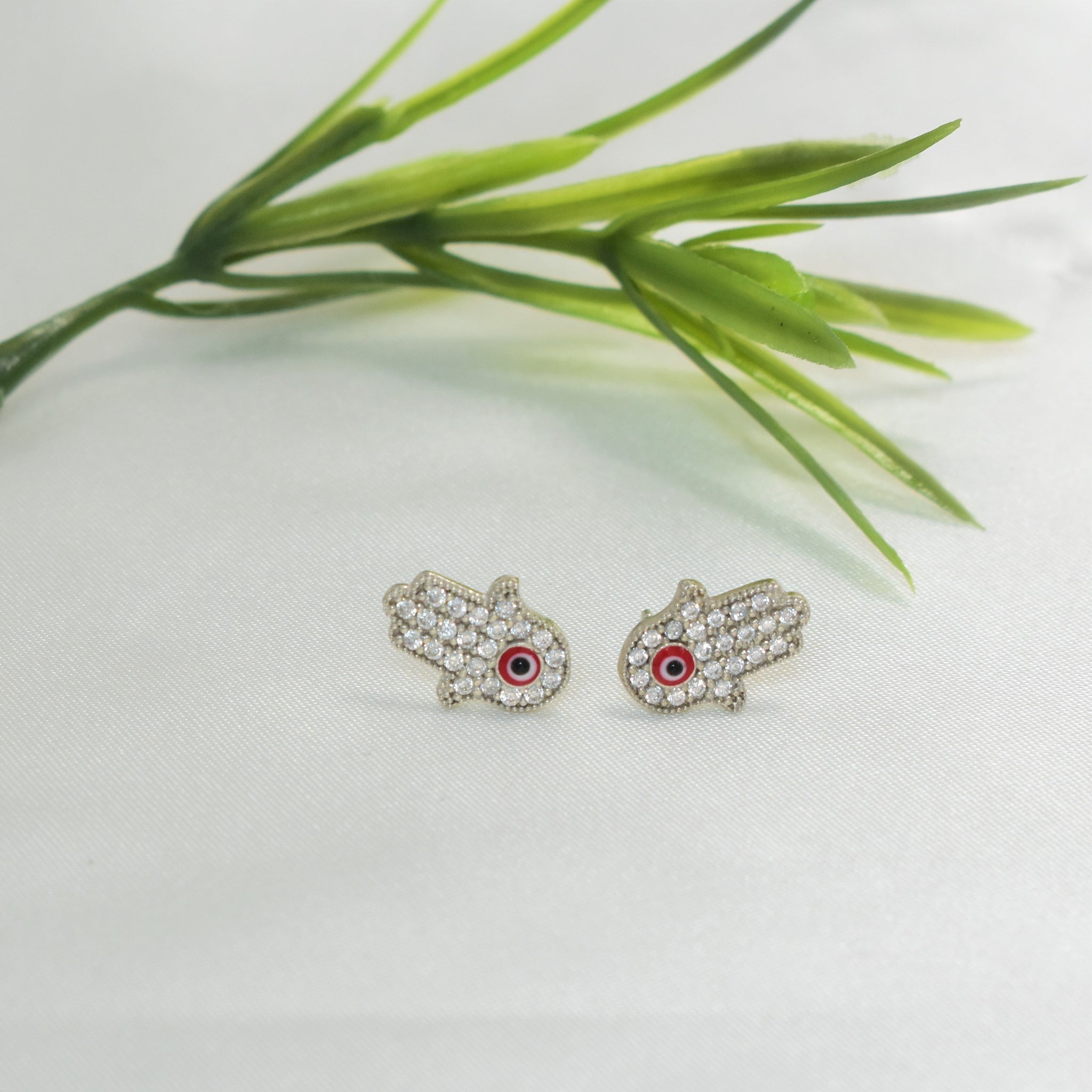 Hamsa Hand Studs Red Blue Eye Sterling Silver Earrings Dainty Protection Studs