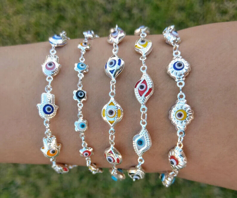 Multicolor EvilEye Bracelet 925 Sterling Silver Protection Pulsera7.5"- BrazilAJ