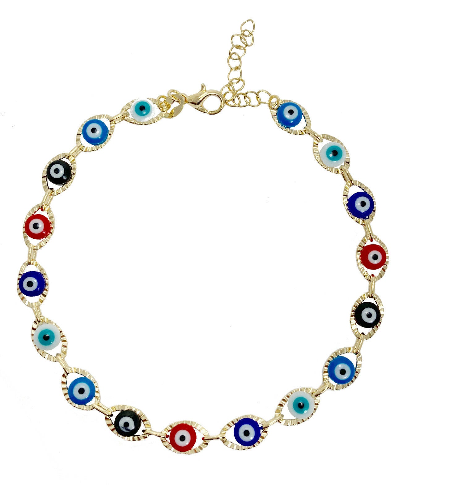 Evil Eye Ladies Gold Plated Anklet with Extension Colorful Anklet - Size 10''