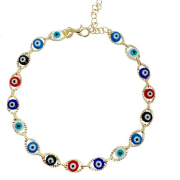 Evil Eye Ladies Gold Plated Anklet with Extension Colorful Anklet - Size 10''