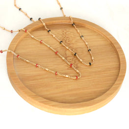 Thin Beaded Chains - Gold Plated Dainty Layering Necklaces in Red Black Beads