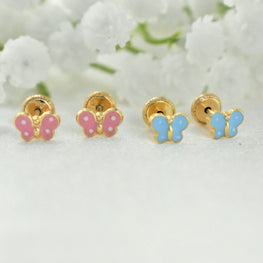 14K Solid Yellow Gold Butterfly Enamel Earrings, Mariposa Baby Screw Back Studs, Gift For Babies