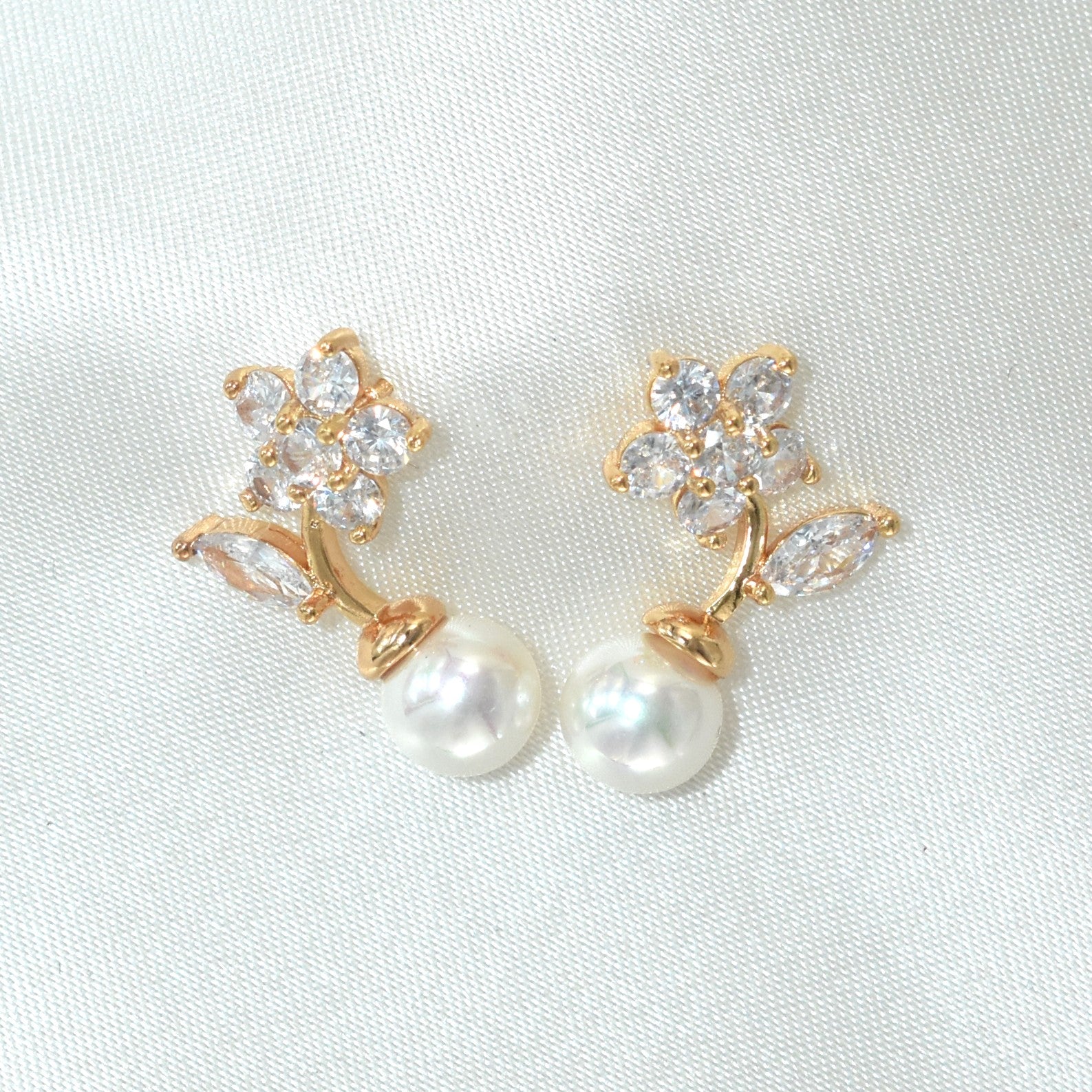 CZ Flower Pearl Drop Earring Gold Plated Studs Wedding Earrings Statement Studs