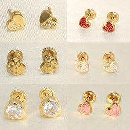 14K Solid Yellow Gold Heart Earrings, CZ Enamel Screw Back Stud Earrings, Gift for Babies