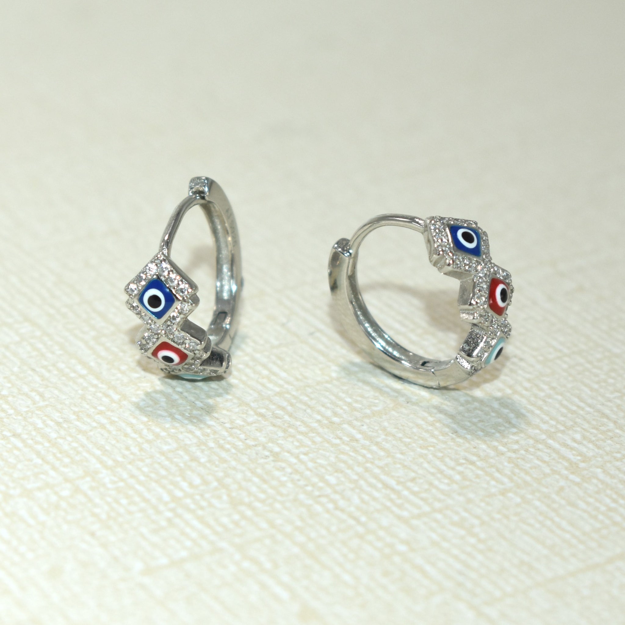 Evil Eye Huggies,925 Silver Earrings, Multi Color Evil Eye CZ Hoop Earrings, Gift for her