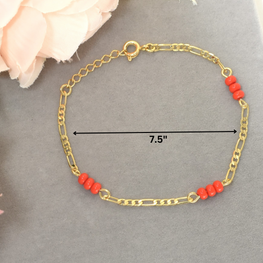 Red Bead Protection Baby, Mother Bracelet Gold Plated Figaro Style Bracelet Gift- 6",7.5"