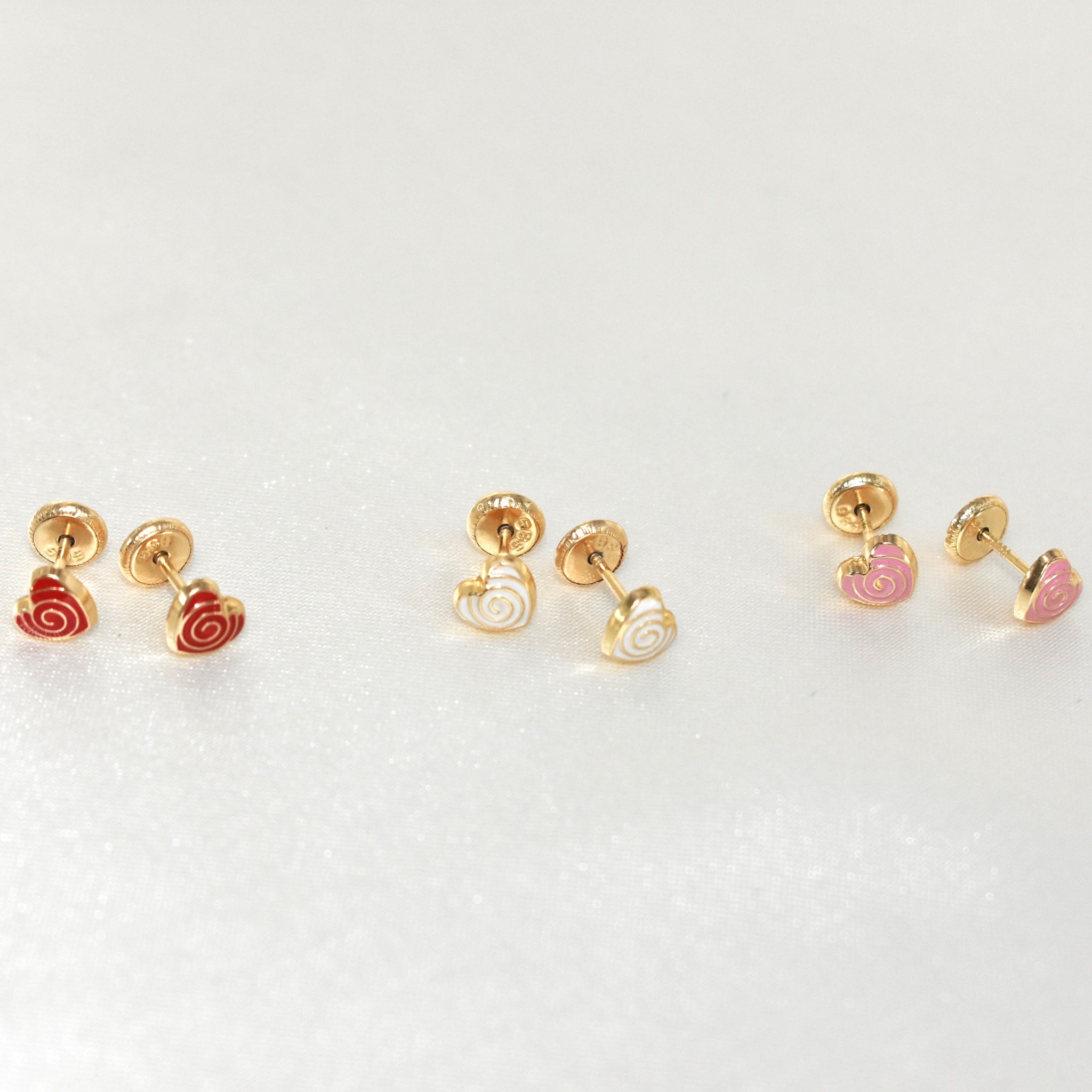 14K Solid Yellow Gold Heart Earrings, CZ Enamel Screw Back Stud Earrings, Gift For Babies