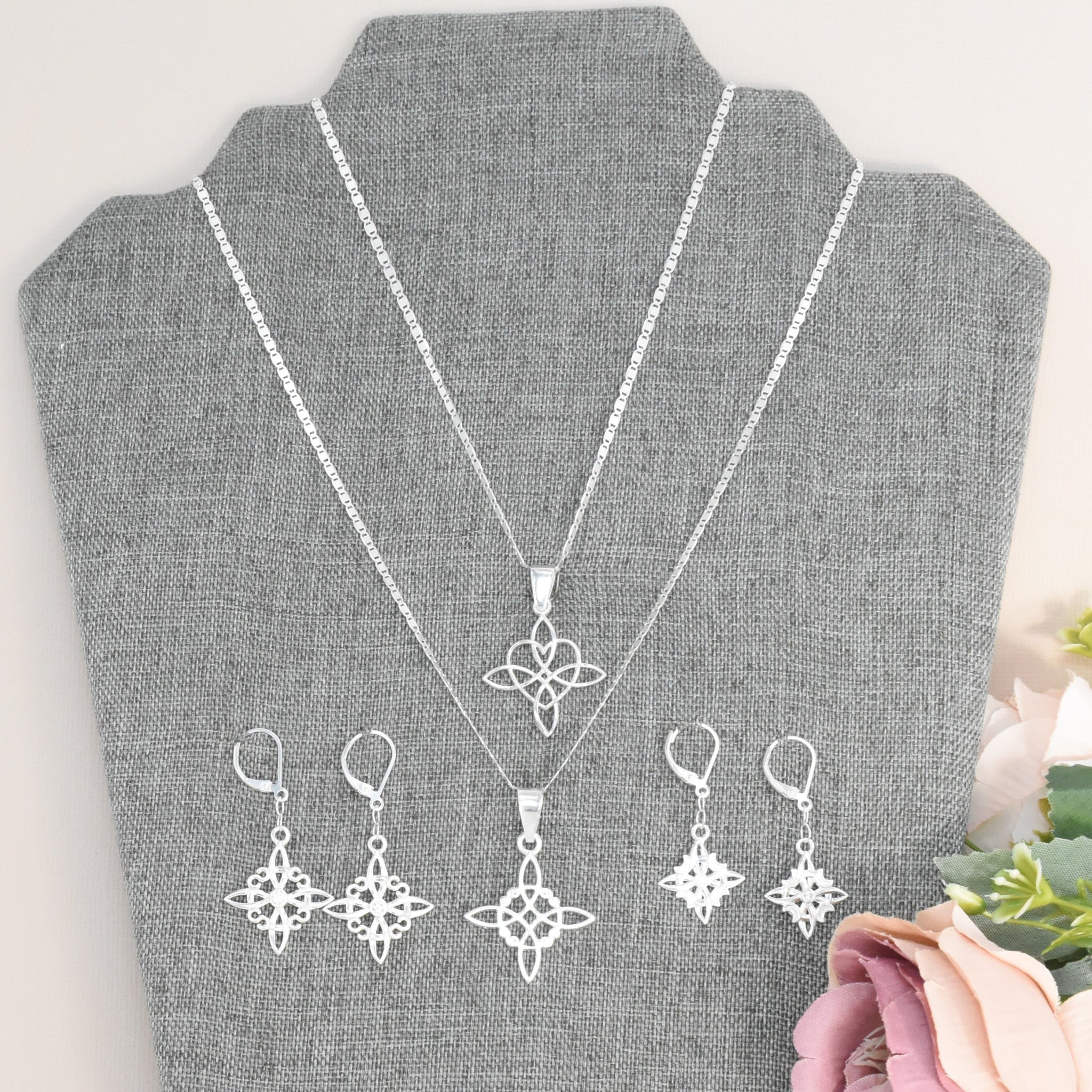 Witch Knot Celtic Pendant, 925 Sterling Silver Dangly Earrings Nudo de Bruja Aretes Jewelry Set