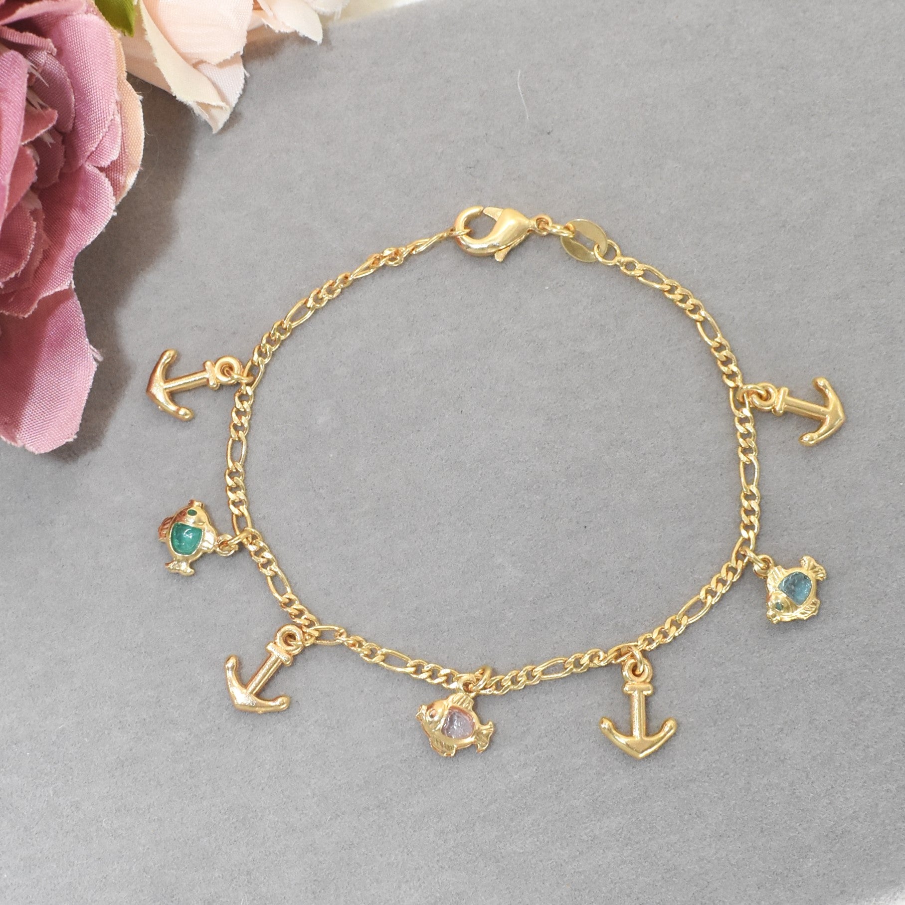 Fish and Anchor Bracelet, Dainty Gold Plated Bracelet, Charm Bracelet for Girls