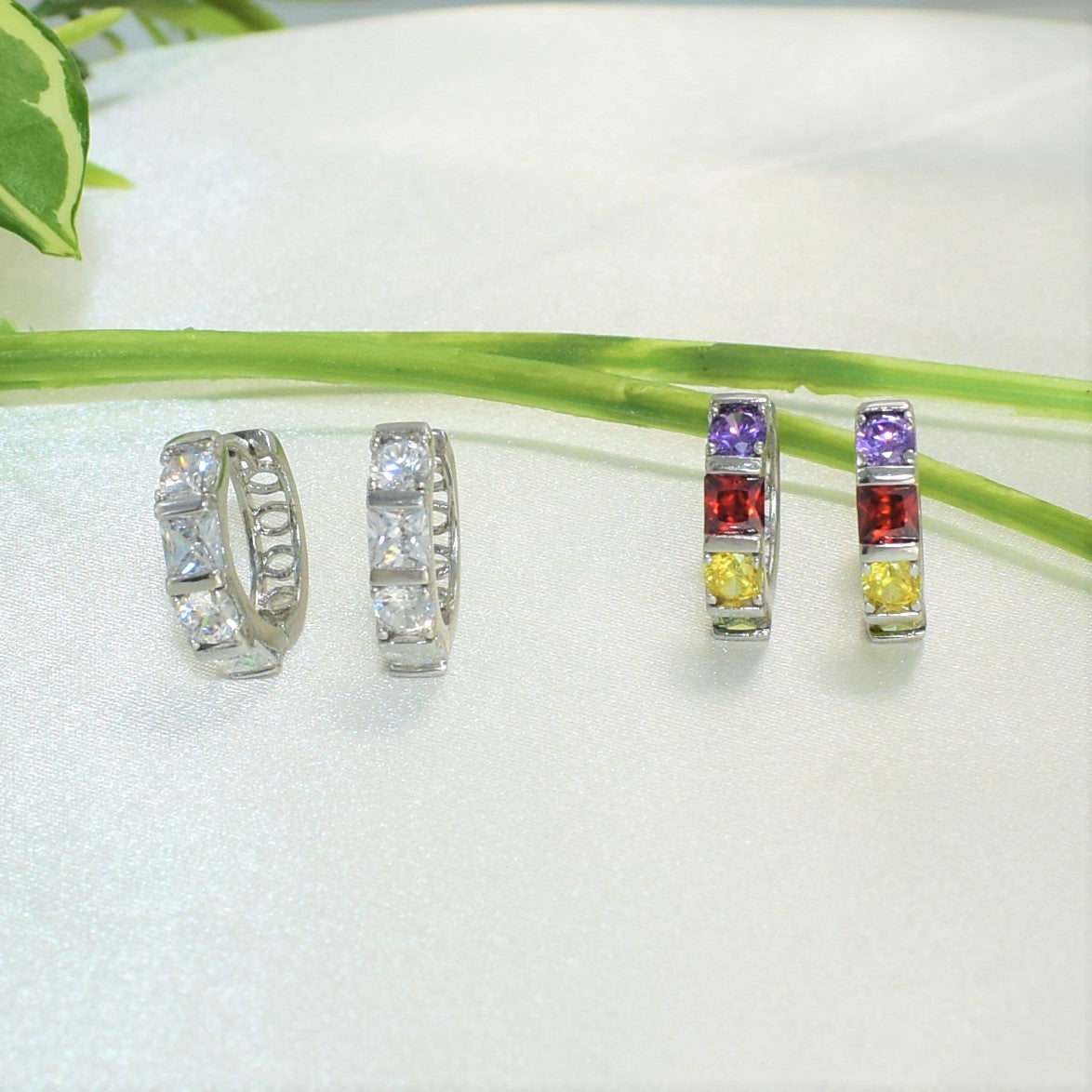 Silver Plated Huggies Hoops - Multi Color CZ Studded Earrings for Everyday Wear - Perfect gift for Wife, Daughter, Teenage Girls