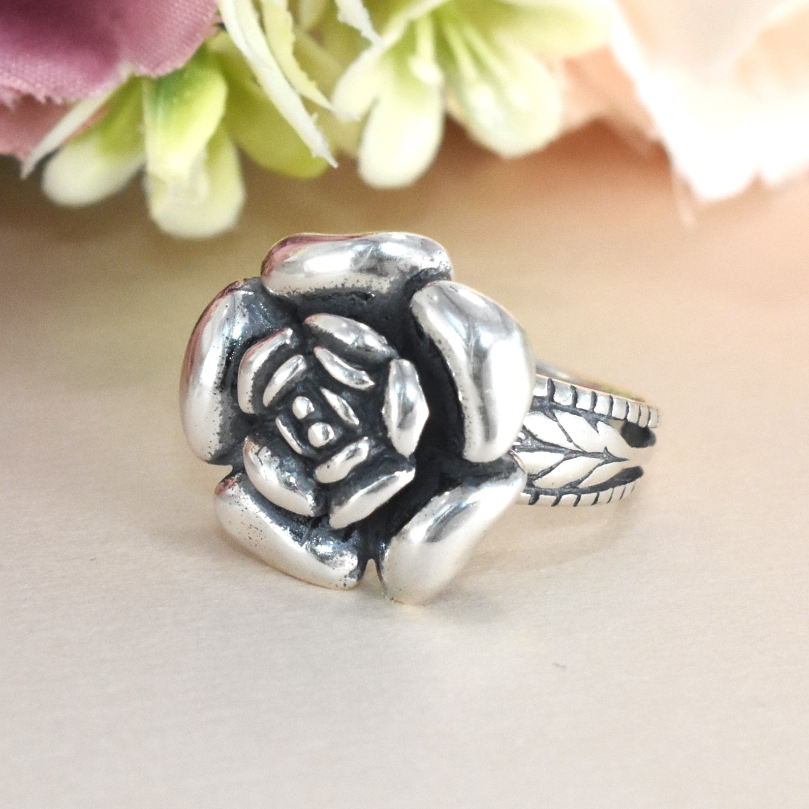 Rose Ring Sterling Silver Silver Rose Leaf Vine Ring Vintage Rose Ring Gift